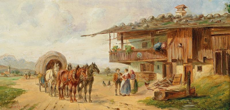 Resting by the House, oil on canvas by Ludwig Müller-Cornelius, depicting a serene landscape with gentle light.