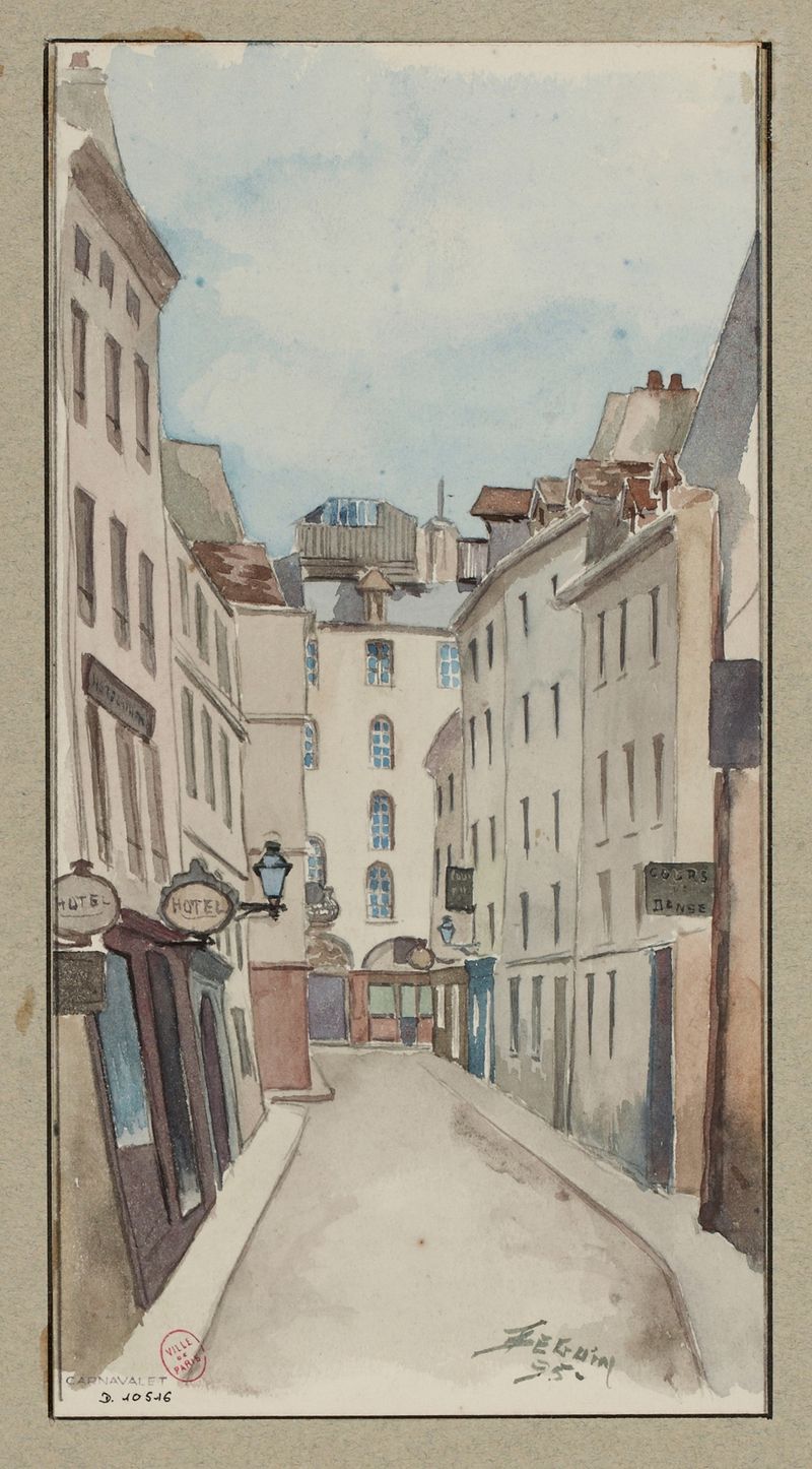 Rue Gît le Cœur de F. Séguin, representando una calle adoquinada al anochecer, pintura al óleo