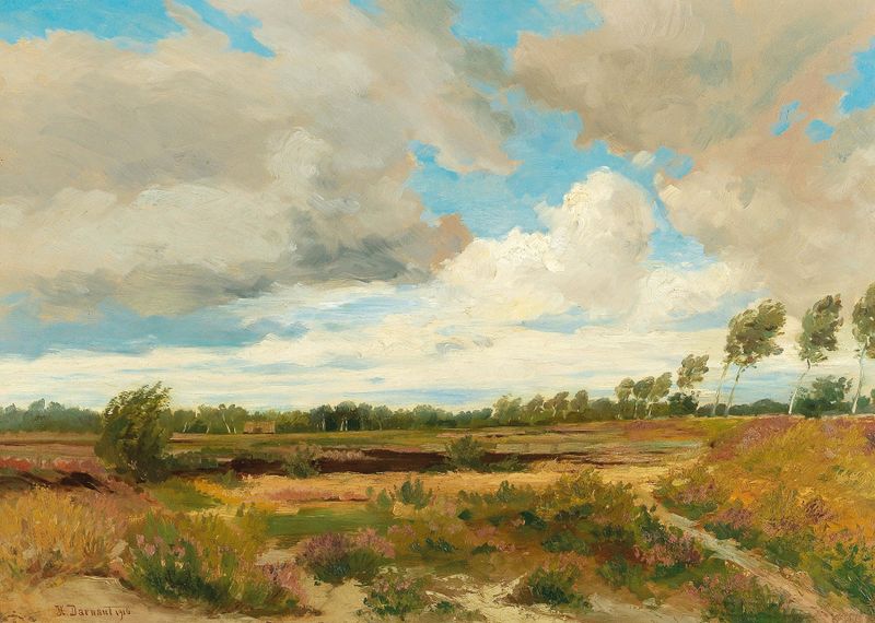Moorland de Hugo Darnaut, que representa un paisaje con hierbas y un cielo distante.