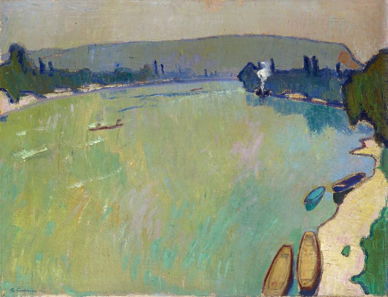 Landscape At The Rhine by Arnold Fiechter, oil on canvas depicting a river and dark clouds.