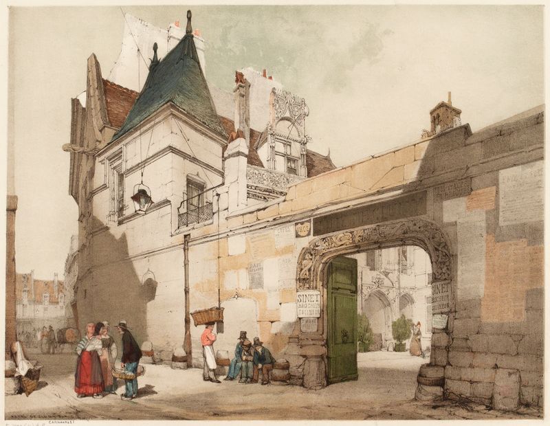 acuarela de Thomas Shotter Boys que representa el Hôtel de Cluny en París al anochecer
