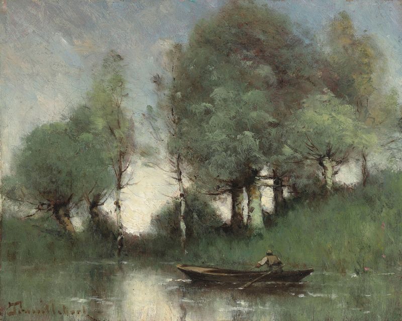 Le Passeur Sur L’étang by Paul Désiré Trouillebert, impressionist oil painting depicting tranquil water reflections.