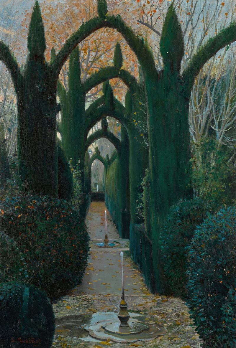 Cena botânica nos Jardins do Generalife de Santiago Rusiñol, com uma figura entre flores.