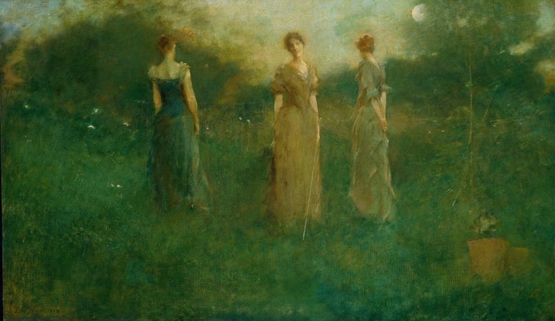 Pintura al óleo de Thomas Wilmer Dewing de una mujer en un jardín rodeada de flores.