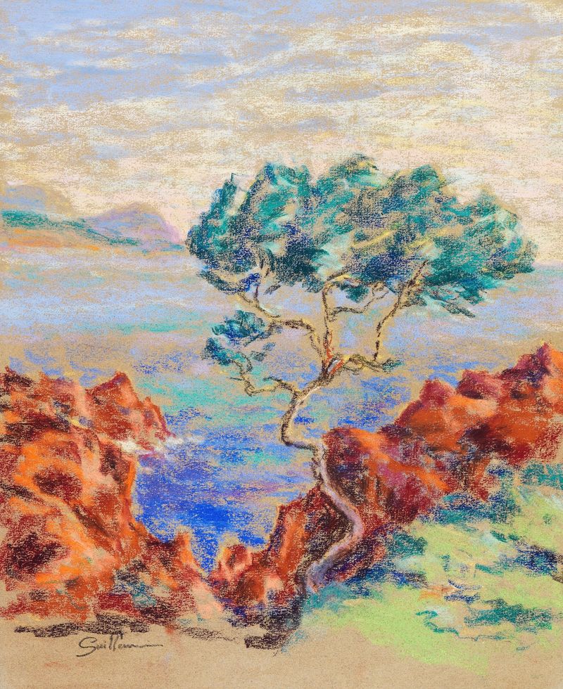 Paisaje de Armand Guillaumin, óleo con colores vibrantes y luz solar.