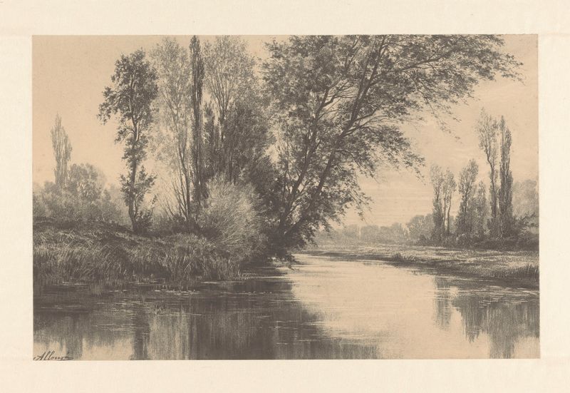 River landscape – Vues d’Hyères de Auguste Allongé, pintura a óleo que retrata uma cena tranquila de rio