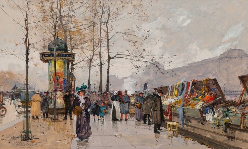 Escena marina con barcos en el Sena, pintura al óleo de Eugène Galien-Laloue