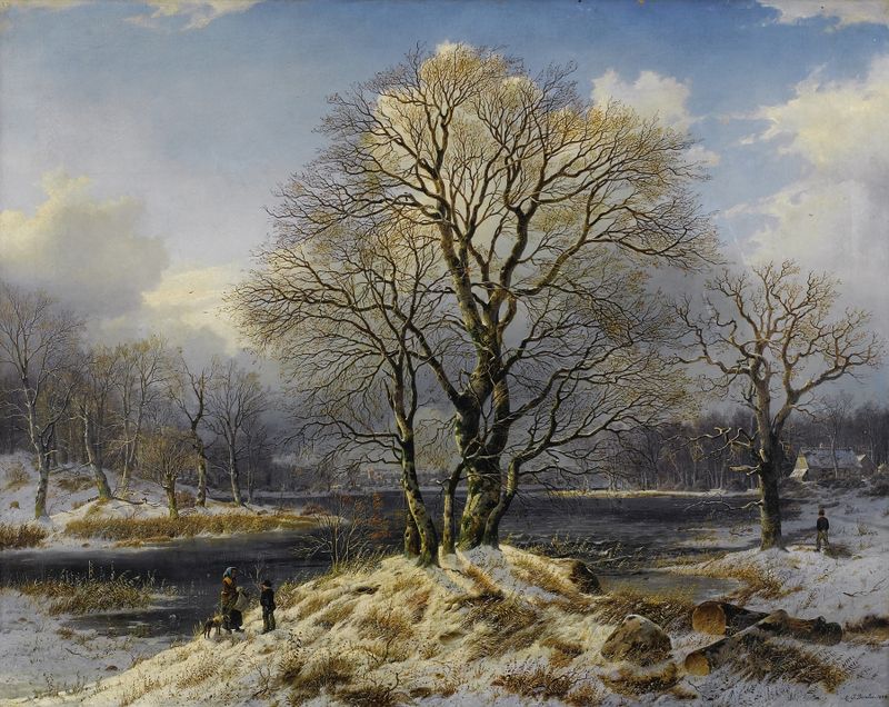 Winter Landscape de Johannes Bartholomäus Duntze, que representa un suelo cubierto de nieve y árboles desnudos.