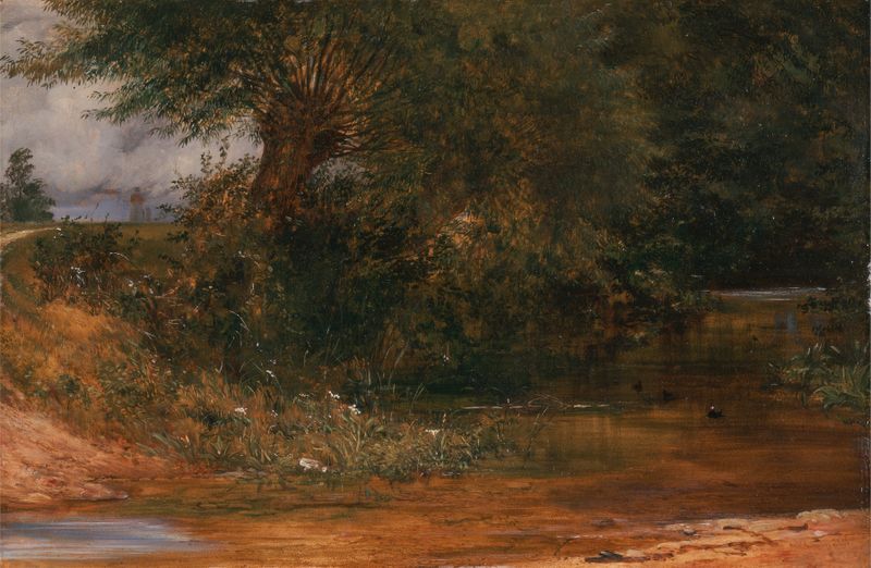 The Moorhen’s Haunt de Richard Redgrave, óleo sobre tela representando juncos e um lago tranquilo