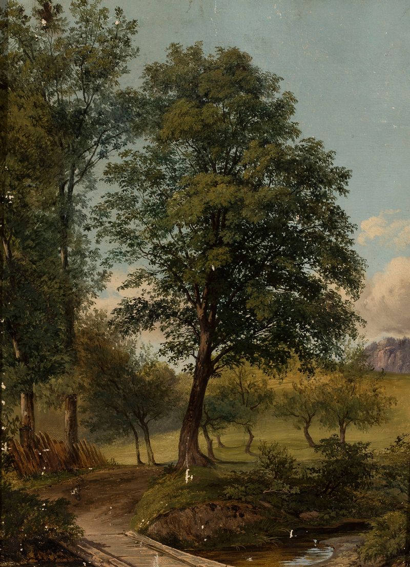 Landscape with a bridge over a creek, oil painting by Jan Nepomucen Glowacki