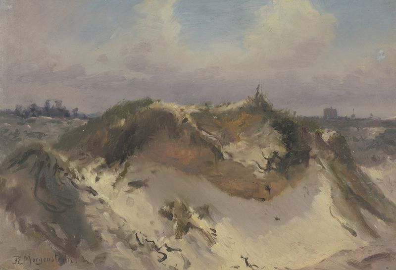 Paisaje de dunas en tonos dorados y marrones de Friedrich Ernst Morgenstern, pintura al óleo