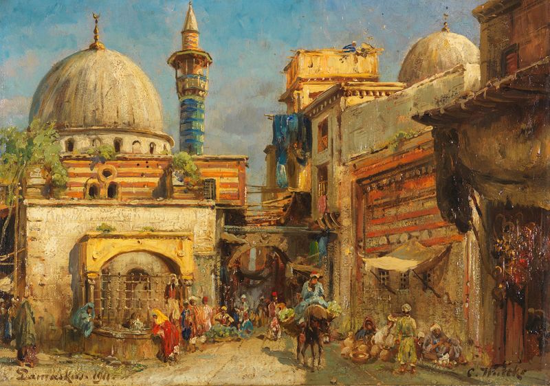 Genre scene of a bustling street with figures and shadows, oil painting by Carl Wuttke