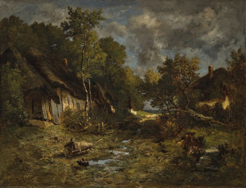 Landscape of The Farm by Leon Richet, oil on canvas depicting greenery and fields.