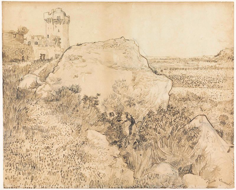 Hill with the ruins of Montmajour, óleo sobre lienzo de Vincent van Gogh, con ruinas y un cielo vibrante.