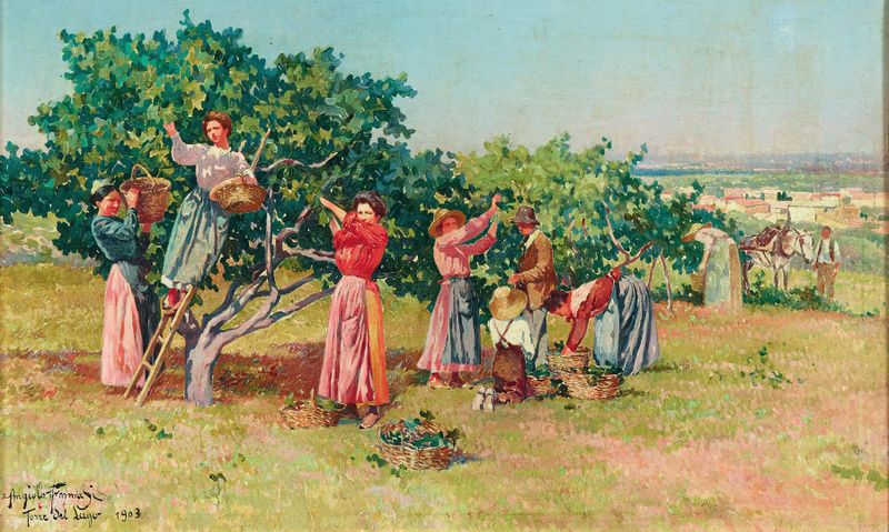 Harvest In Tuscany de Angiolo Tommasi, óleo sobre tela representando campos de trigo dourados.