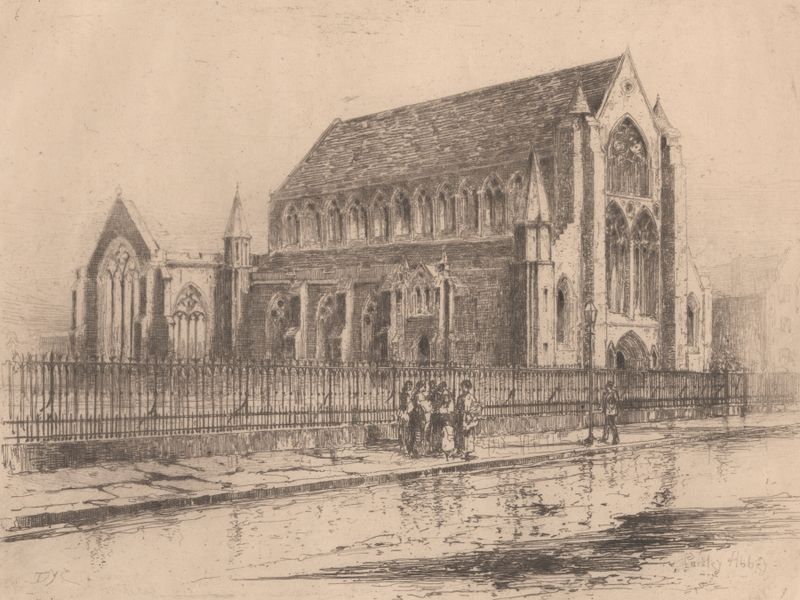 Grabado de Paisley Abbey por David Young Cameron con un intrincado arco y paisaje