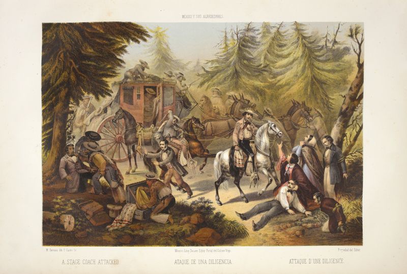 Un stagecoach atacado por bandidos con caballos relinchando, pintura al óleo de C. Castro