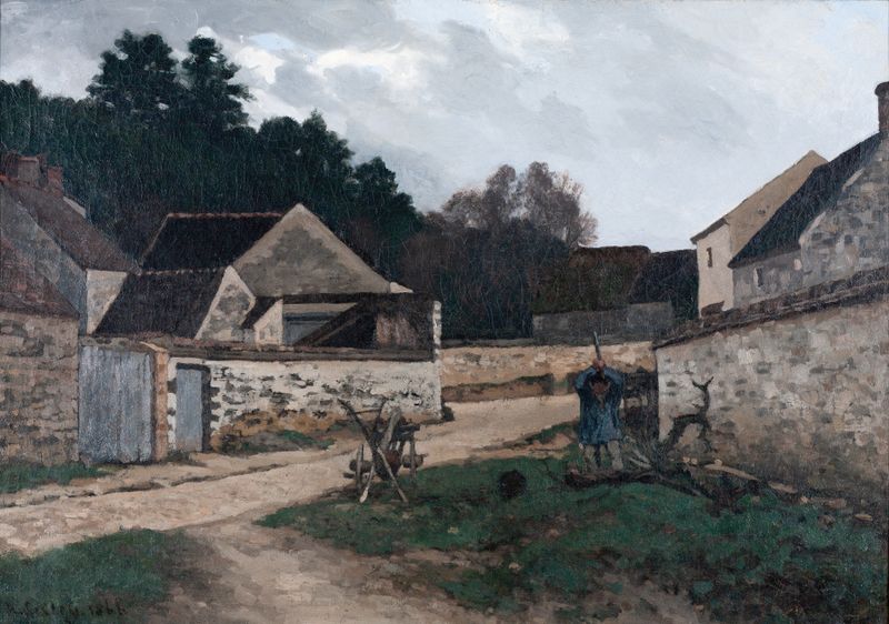 Escena de calle del pueblo con luz solar y árboles, óleo sobre lienzo de Alfred Sisley