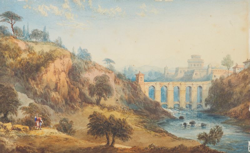 Un puente cerca de Roma, óleo sobre lienzo de William Crouch, con exuberante vegetación y un río tranquilo.