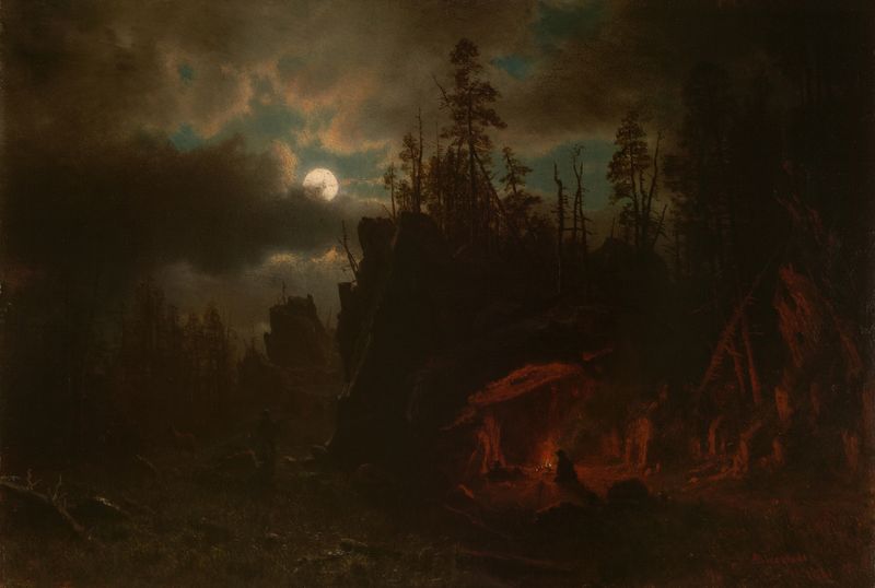 O Acampamento dos Caçadores de Albert Bierstadt, pintura a óleo que retrata um acampamento cercado pela natureza.