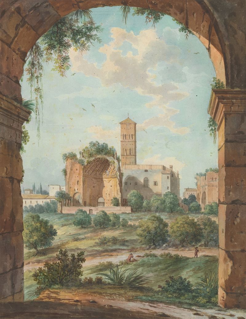 Landscape with ruins and archway, oil painting by Willey Reveley