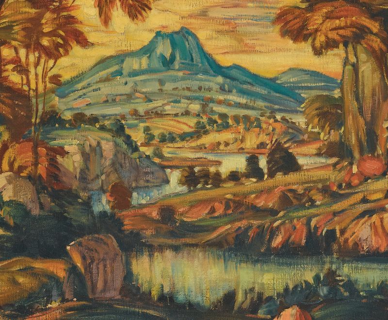 Fantasy Landscape de Konstantin Fedorovich Bogaevsky, óleo sobre tela que retrata uma floresta e um rio oníricos.