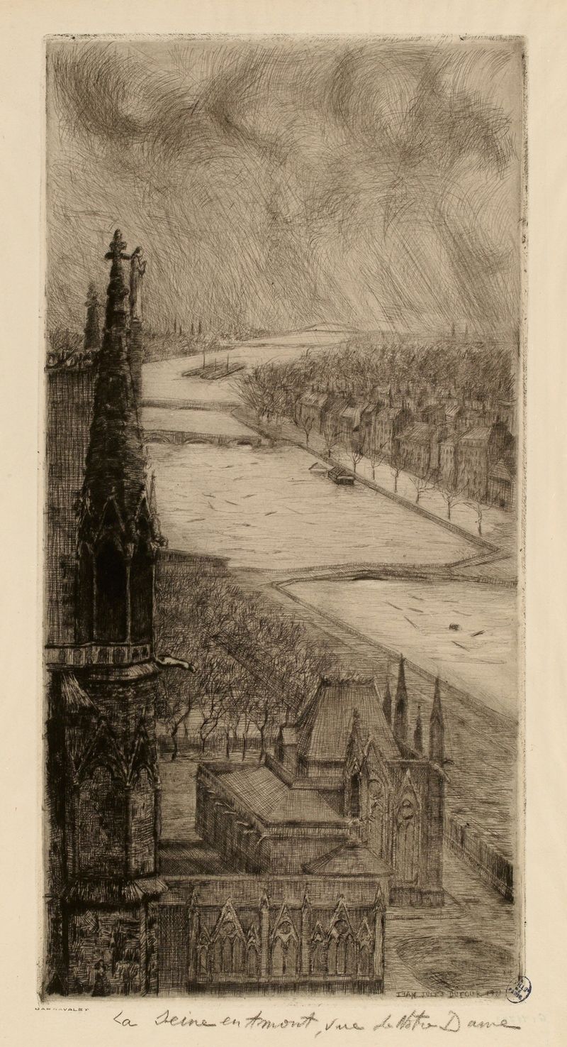 La Seine en amont, vue de Notre-Dame, oil on canvas by Jean-Jules Dufour, depicting the Seine with reflections and Notre-Dame.