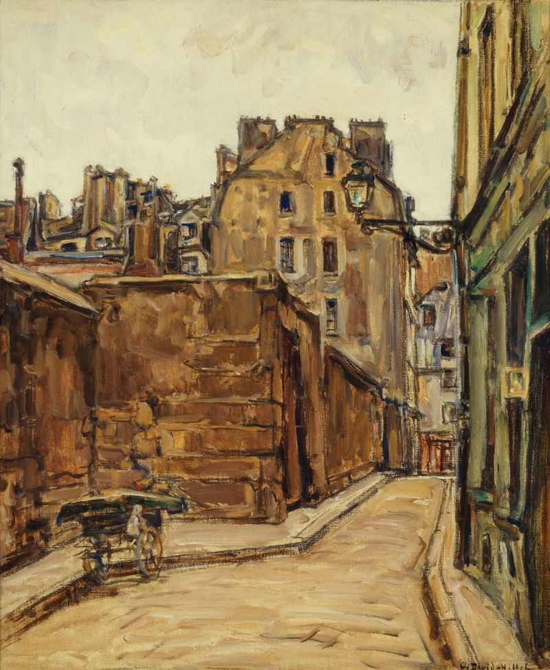 Post-Impressionism artwork by Germain David-Nillet depicting a cobblestone street at night.