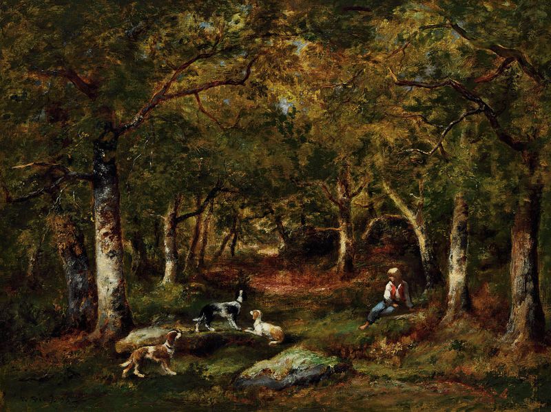 Pintura figurativa a óleo de Narcisse-Virgile Diaz de La Peña com uma criança e cães em uma floresta.