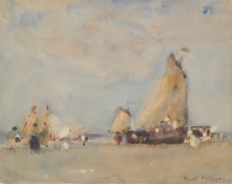 Sketch by William Frederick Mayor, ink on paper depicting figures in muted tones.