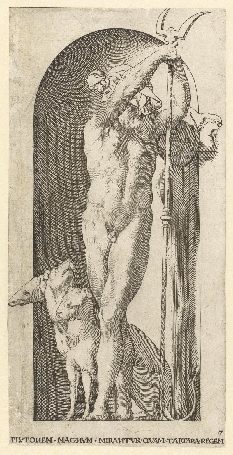 Grabado de Jacob Binck que representa a Plutón y Cerbero en un paisaje oscuro