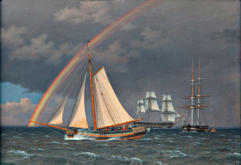 Cena marinha com navios e um arco-íris, pintura a óleo de Christoffer Wilhelm Eckersberg