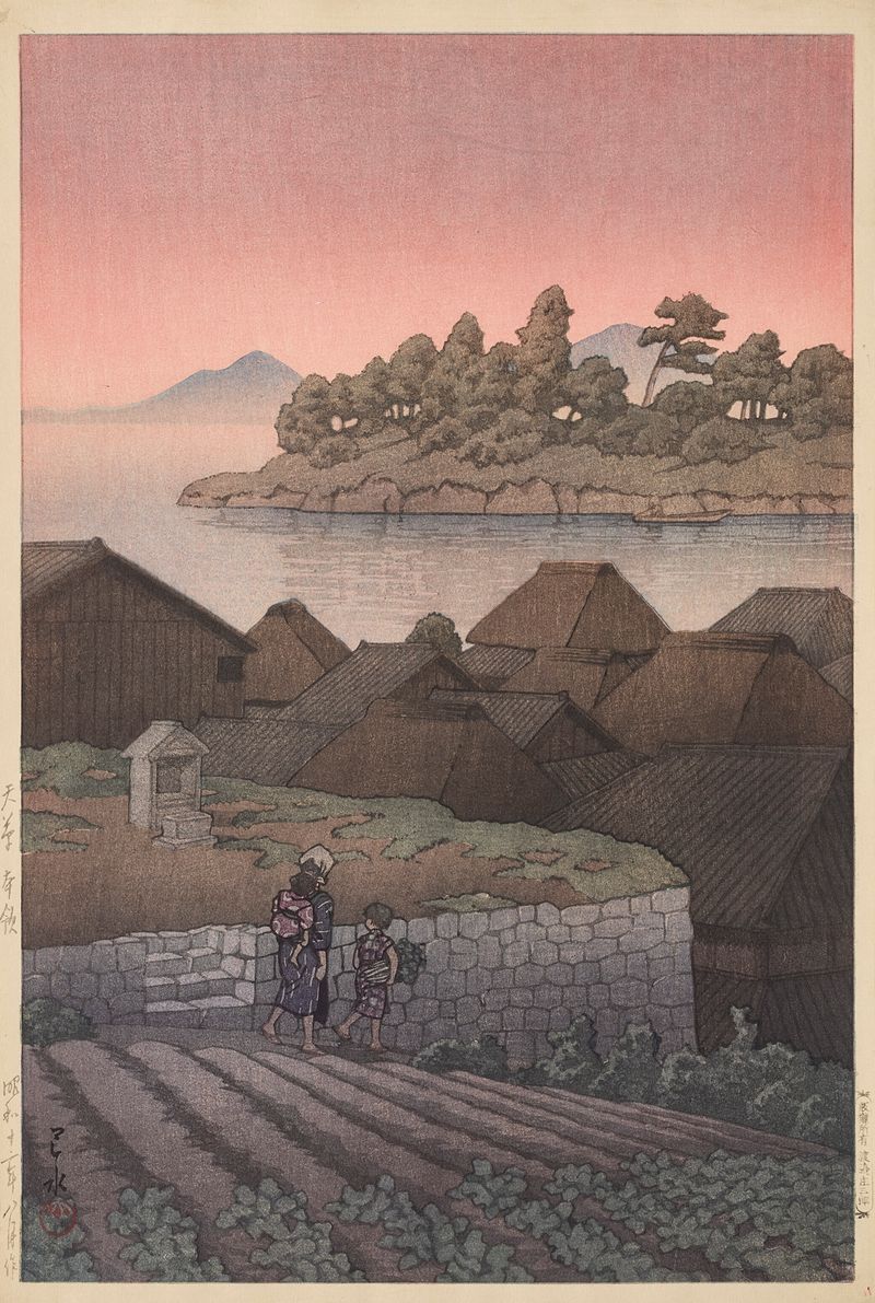 Grabado en madera de Kawase Hasui que representa el crepúsculo sobre aguas brillantes