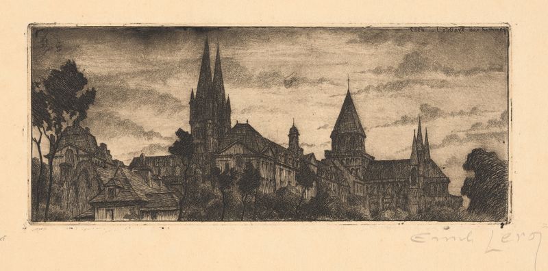 Vista da catedral de Émile Leroy, óleo sobre tela, com arquitetura intrincada e luz solar.
