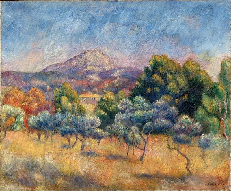 Mont Sainte-Victoire de Pierre-Auguste Renoir, pintura al óleo que representa un paisaje montañoso vibrante.
