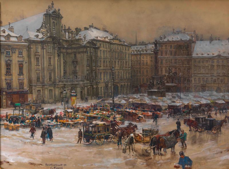 Genre scene of a Christmas market by Carl Pippich, 1901, in an unknown medium.