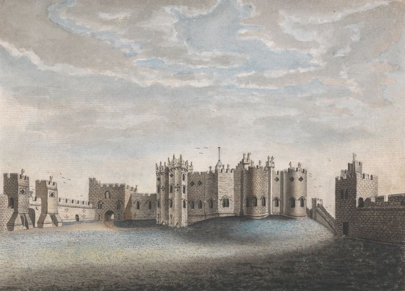 Alnwick Castle by William Beilby, Romanticism, architecture with glowing stone walls