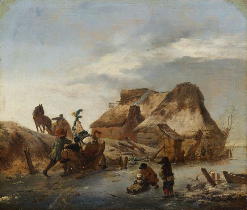 A nobleman in a sleigh on ice, oil on canvas by Philips Wouwerman