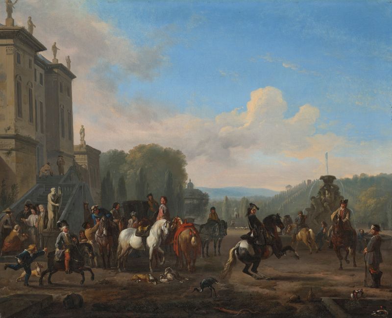 A hunting party preparing to depart from a country villa, oil on canvas by Jan van Huchtenburg