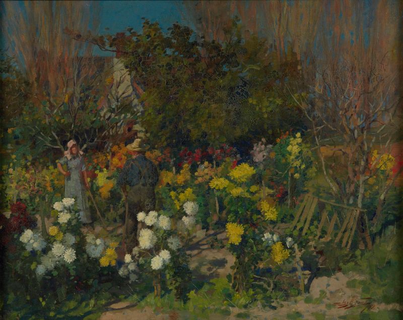 Flores de Outono de James Nairn, óleo sobre tela, apresentando crisantemos vibrantes em cores ricas.