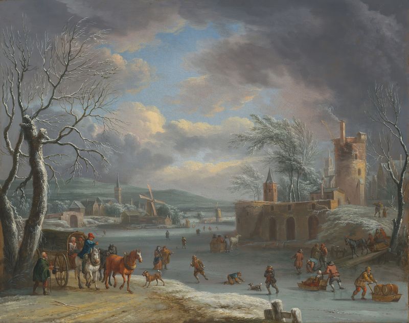 Paisaje invernal con figuras patinando en un río helado, óleo de Dirk Dalens III