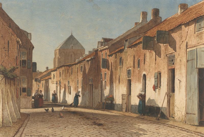 Dorpsstraat by Jan Weissenbruch, oil on canvas showing a quiet village with cobblestone streets.