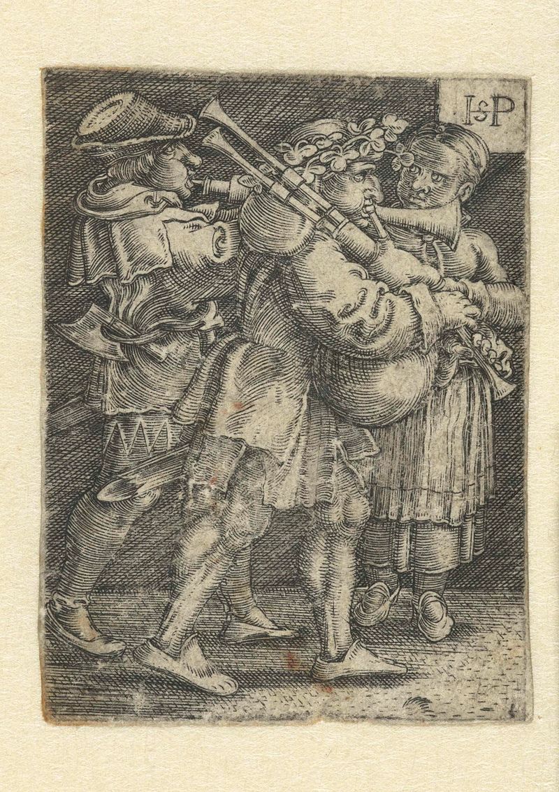 Grabado de Hans Sebald Beham con dos músicos y una niña en luz y sombra