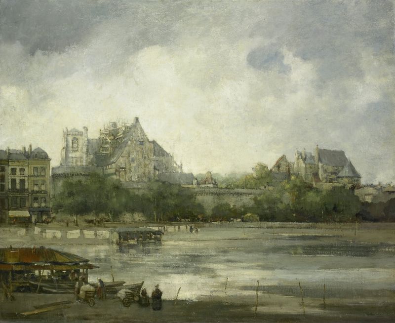 View of Nantes de Willem Leendert Bruckman, óleo sobre tela mostrando um rio e uma cidade.