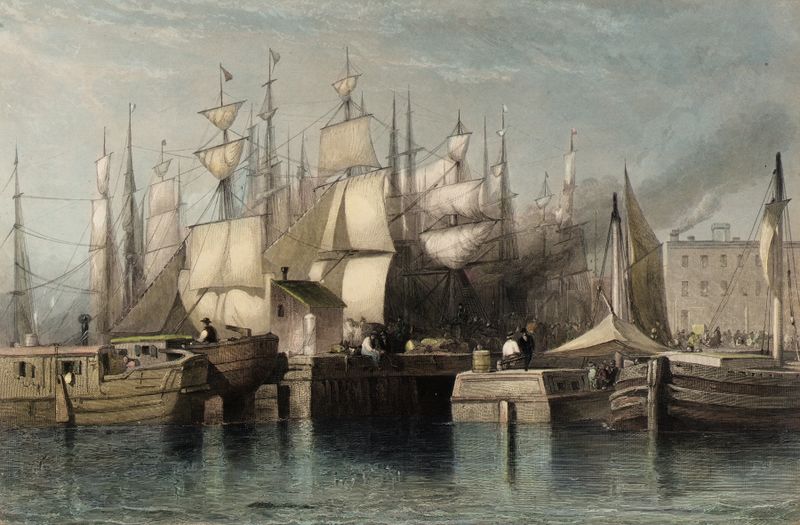 Wharf and Shipping, New York de H. S. Beckwith, óleo sobre tela retratando uma cena movimentada do cais