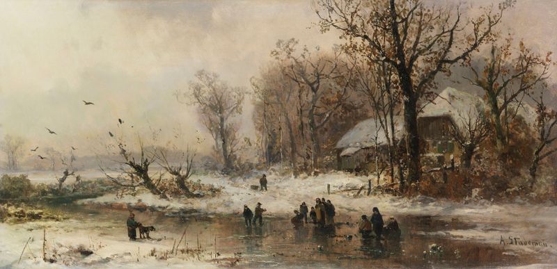 Eisvergnügen de Adolf Stademann, representando un paisaje invernal con luz solar sobre el hielo, pintura al óleo