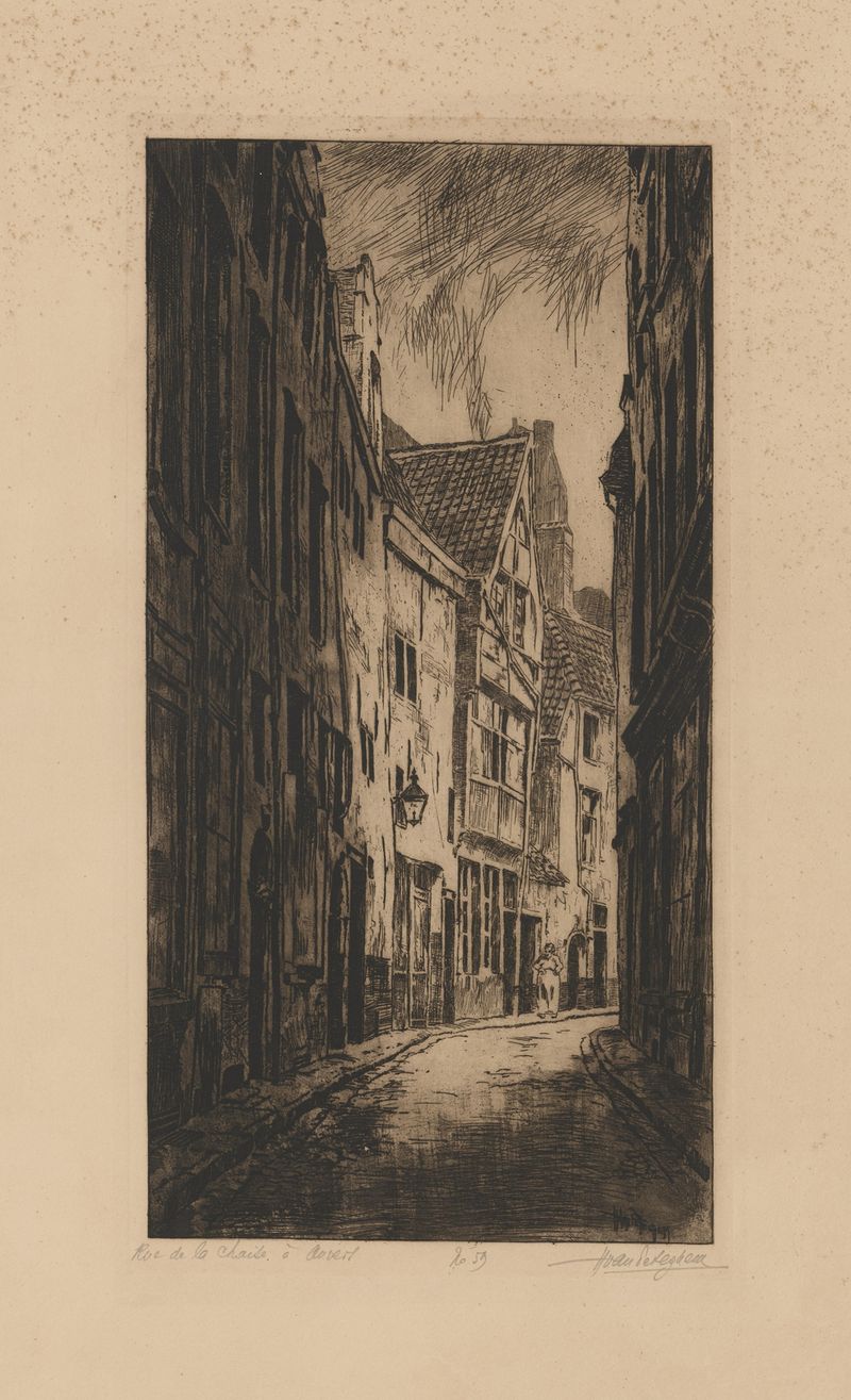 De Stoelstraat, Antwerpen by Louis-Joseph van Peteghem, oil on canvas depicting a narrow street.
