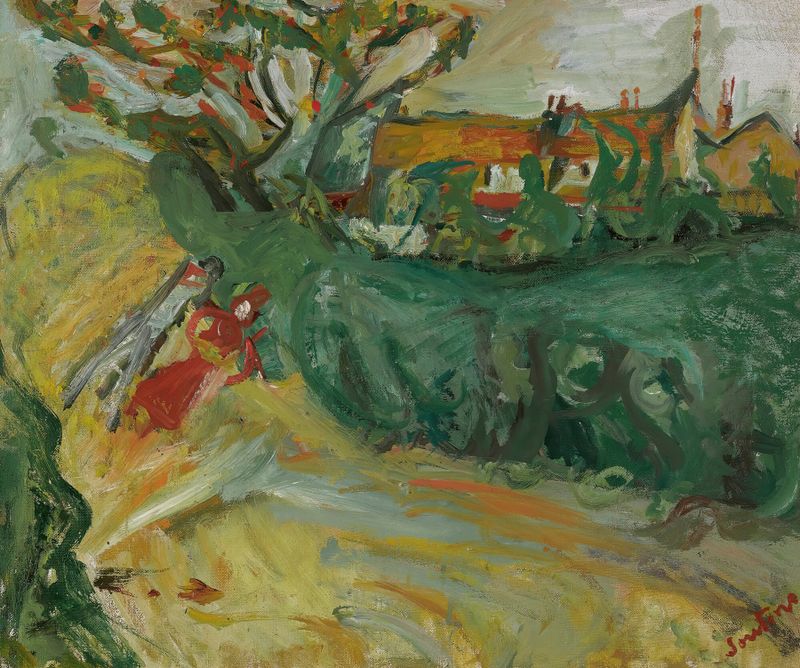 Promenade Auprès Du Village by Chaïm Soutine, oil on canvas showing villagers in a colorful landscape