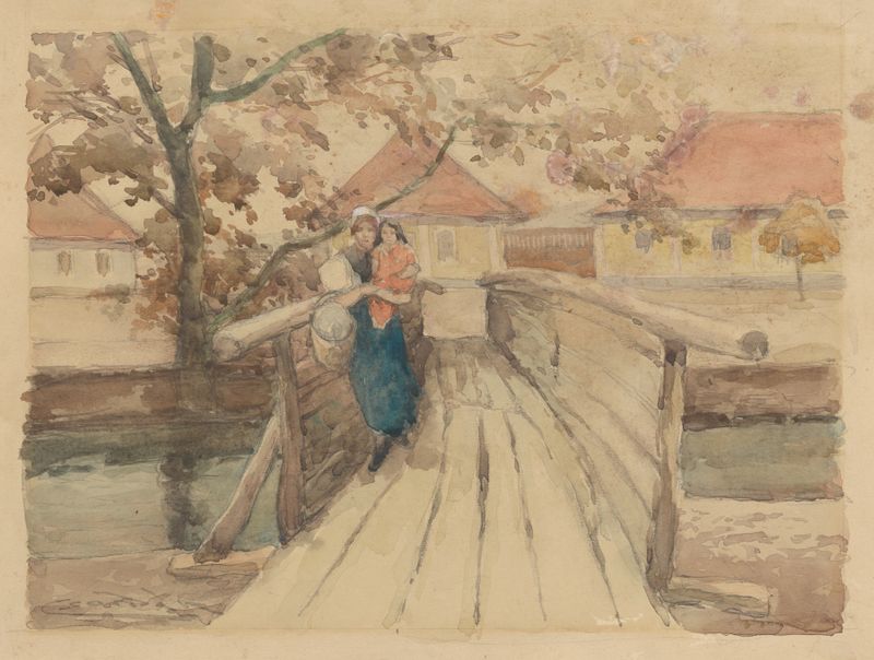 Wooden Bridge by Ľudovít Čordák, depicting a bridge over water, oil painting