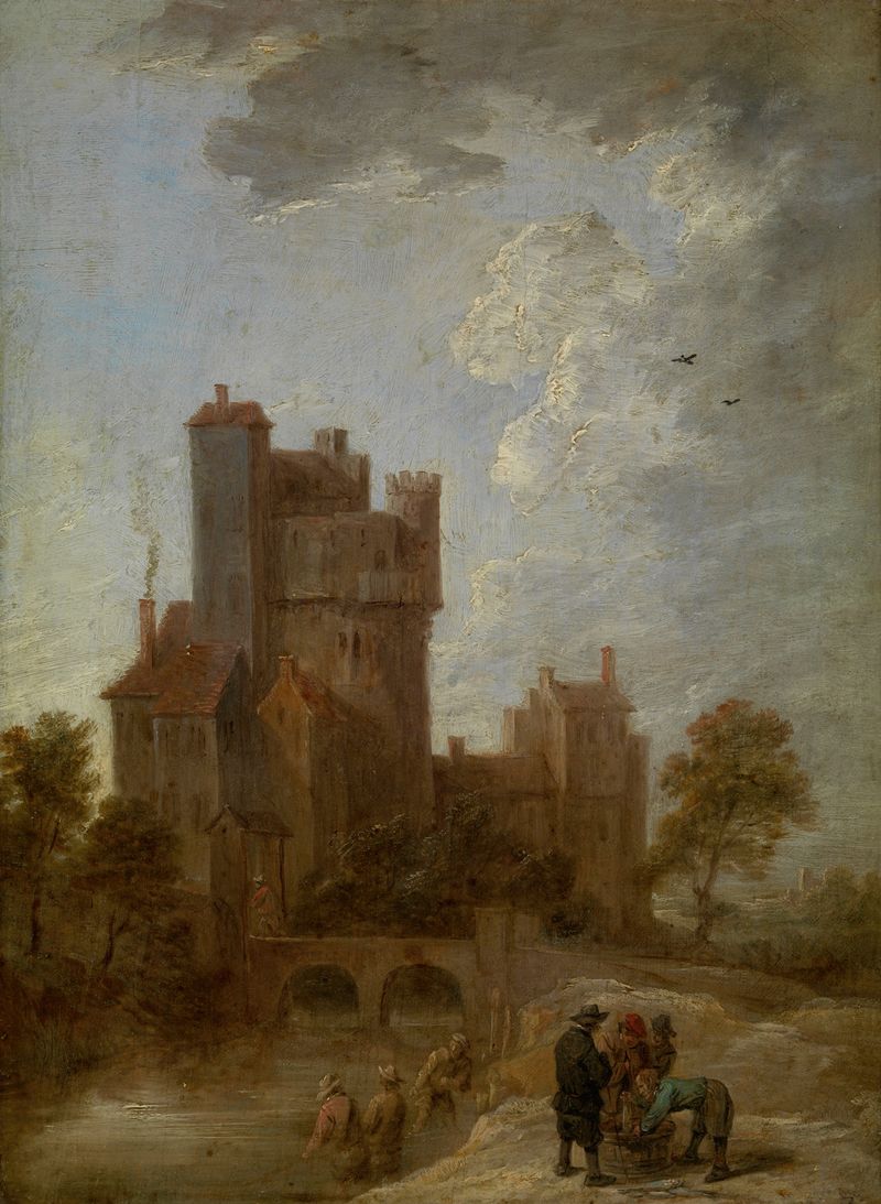 Morning de David Teniers o Jovem, óleo sobre tela, retratando uma paisagem tranquila com um agricultor ao amanhecer.
